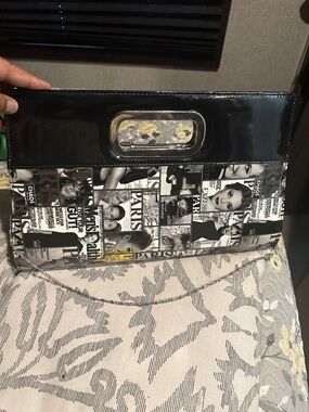 Black and White Photo-Collage Clutch Bag with Chain Strap